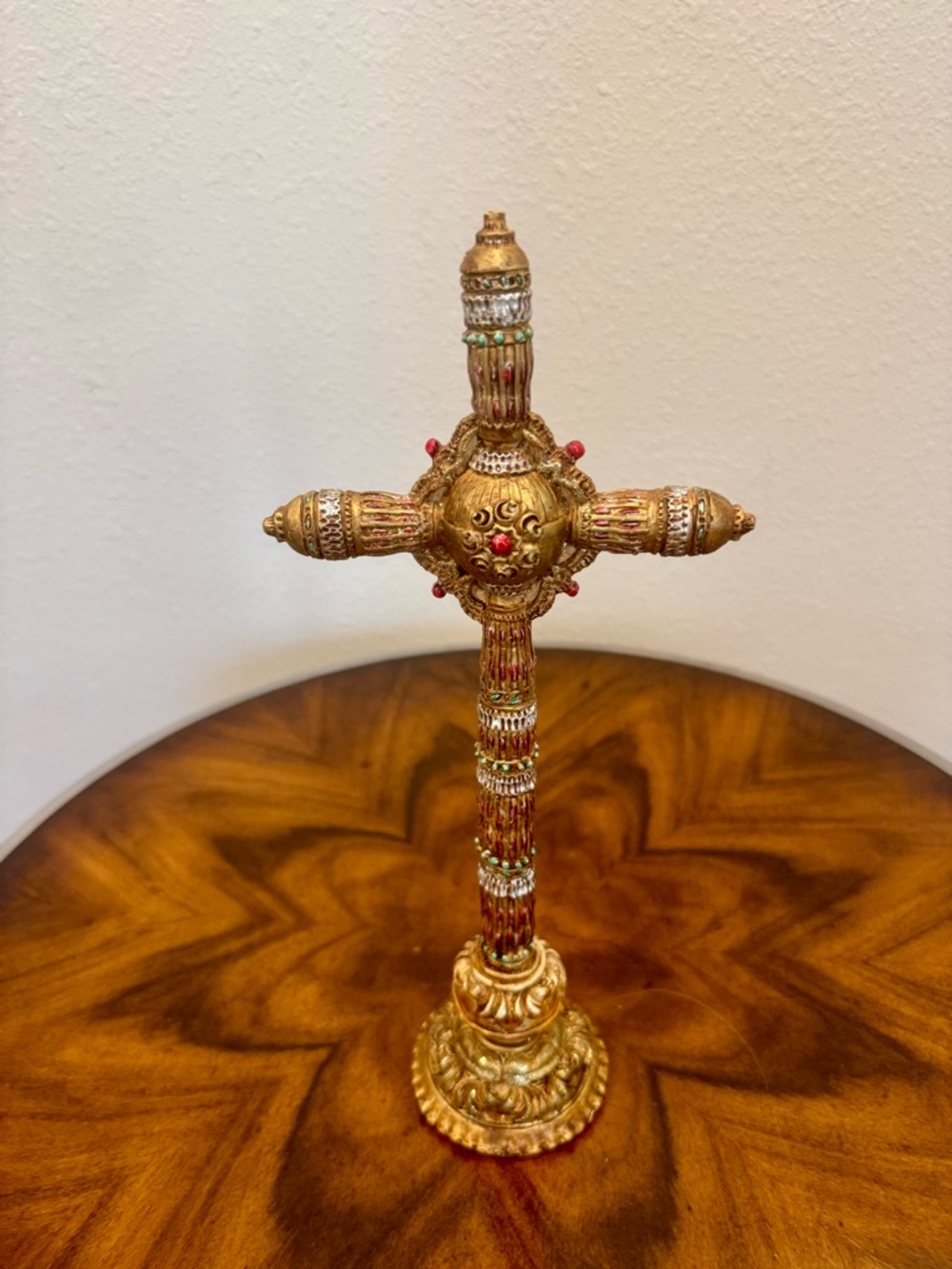 Ornate Baroque -Style Alter Cross Decorative Cross with Red and Green Accents